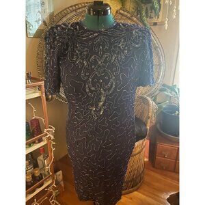 Vintage 80s Blue Heavily Beaded with  Sequins 100% Silk S/S Dress with V-Neck +